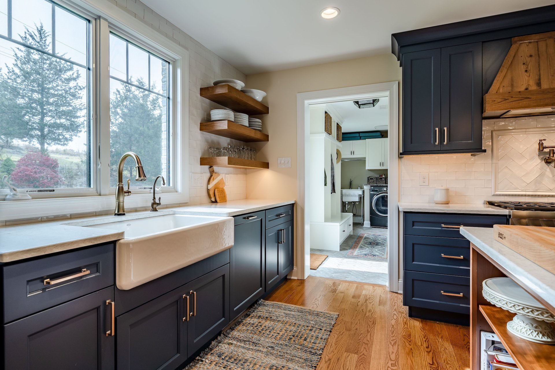 Blue kitchen with farmhouse sink