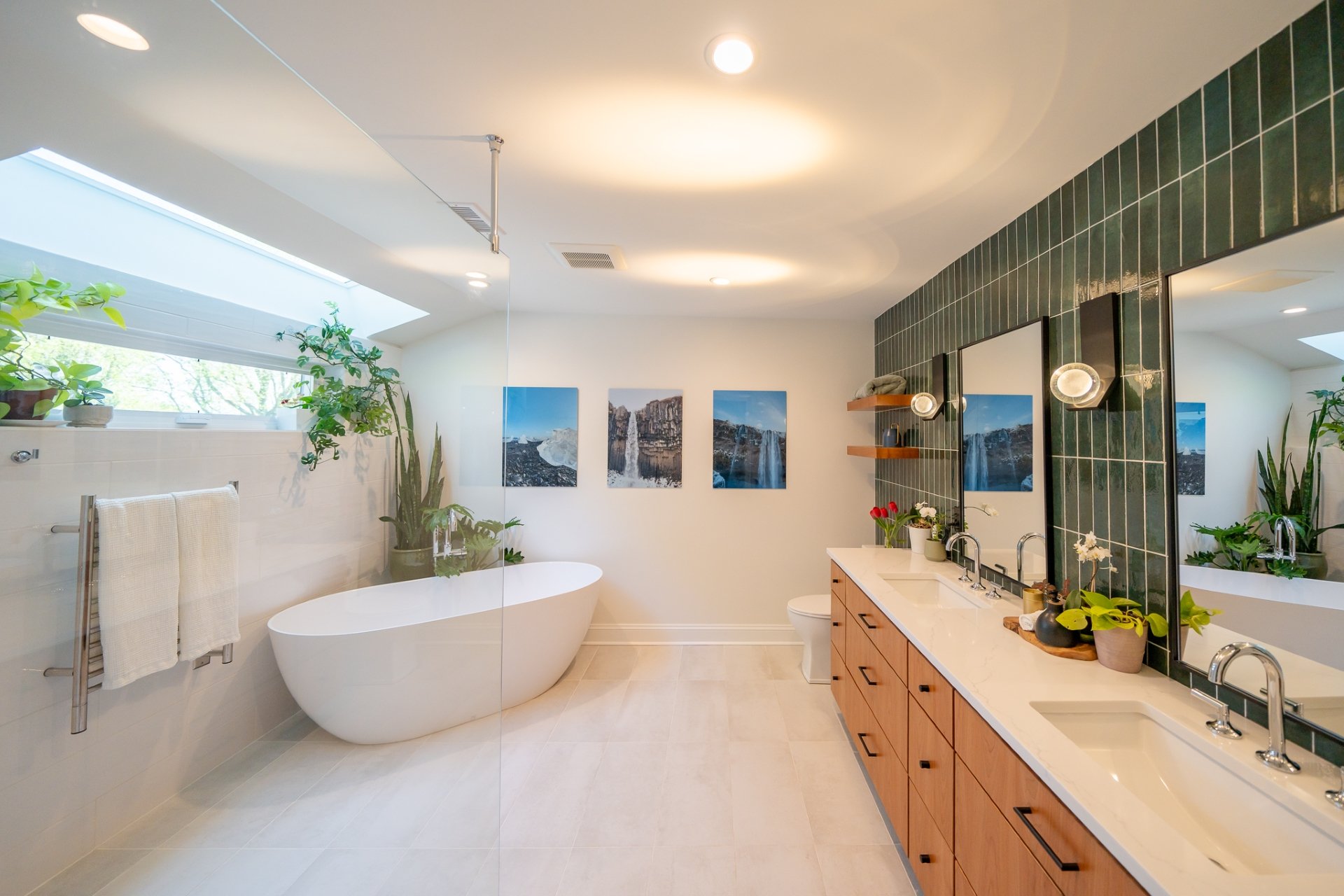Bright and sunny bathroom with soaking tub after being remodeled
