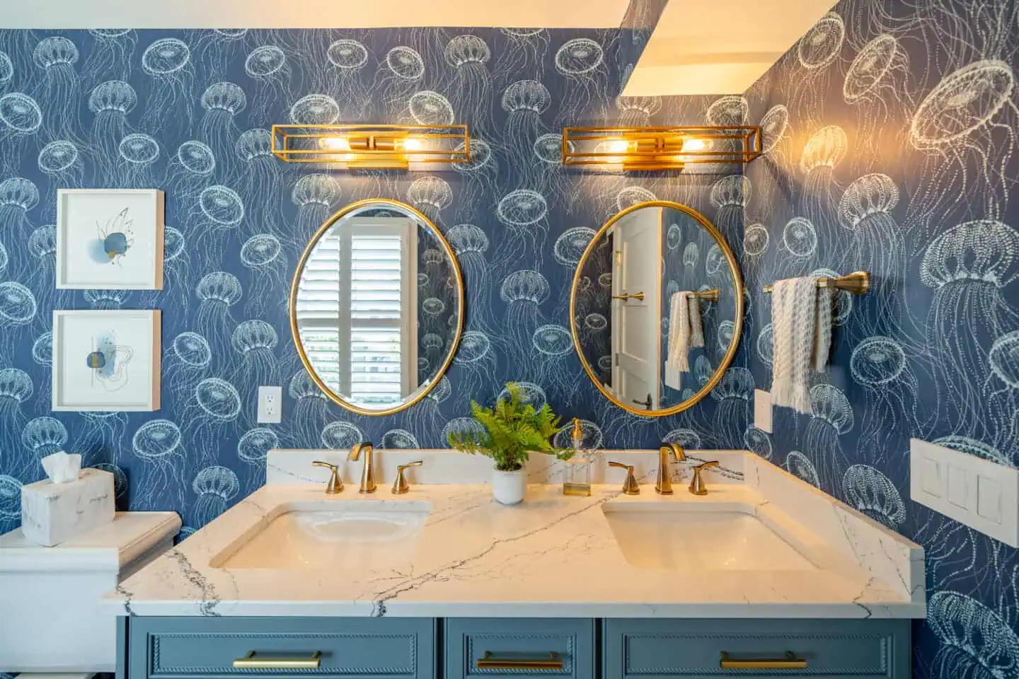 Bathroom renovation with blue jellyfish wallpaper