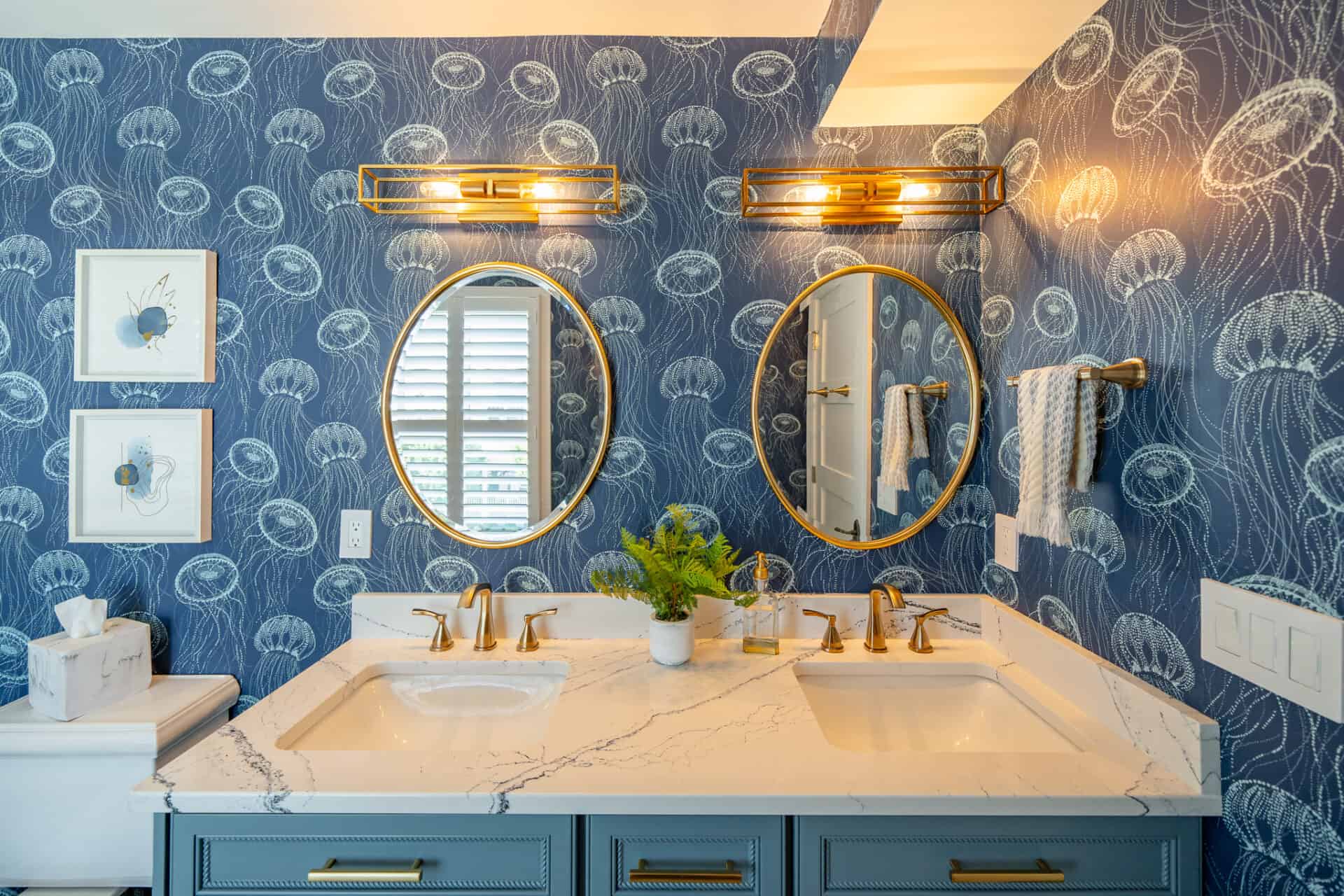 Bathroom renovation with blue jellyfish wallpaper