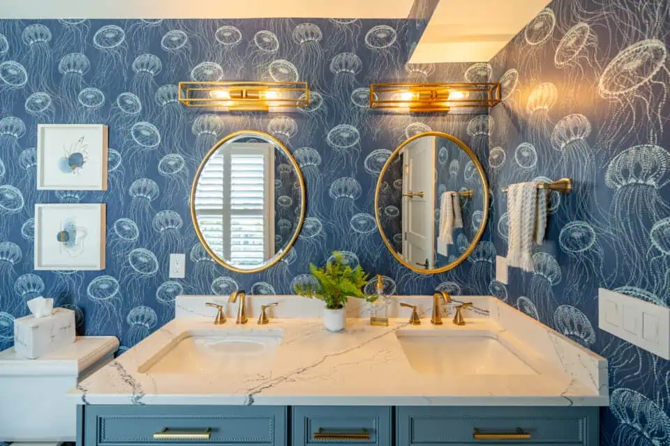 Bathroom renovation with blue jellyfish wallpaper
