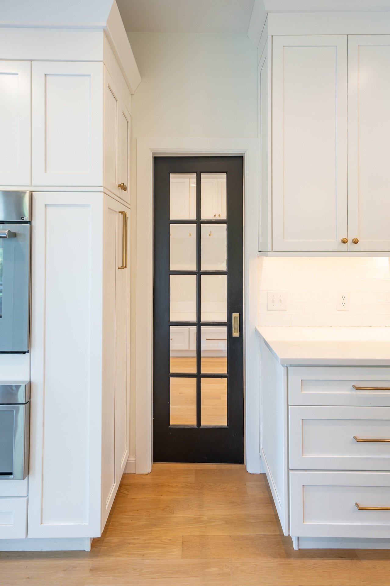 Narrow kitchen door leading to pantry, glass