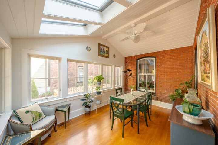 Interior of ADU with warm wood floors and skylights