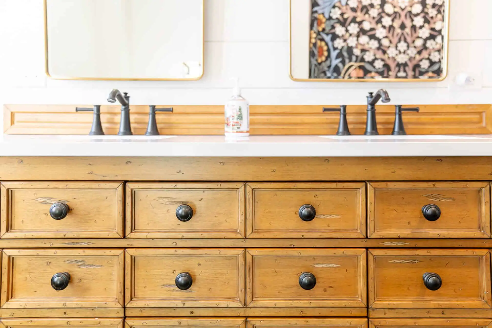 Wooden cabinet underneath a double vanity