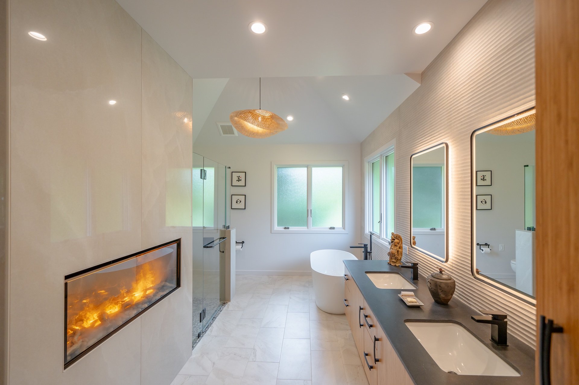 High end bathroom with gas fireplace