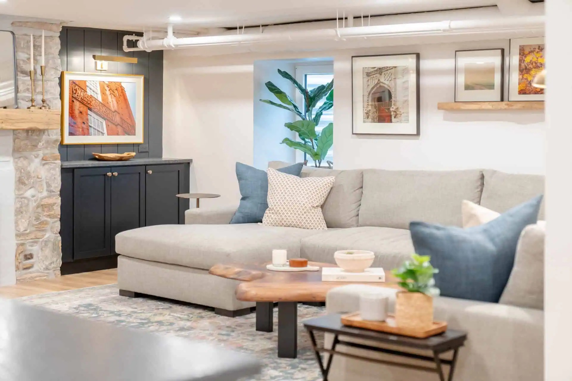 Bright seating area in remodeled basement