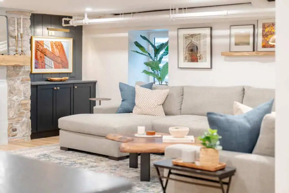 Bright seating area in remodeled basement