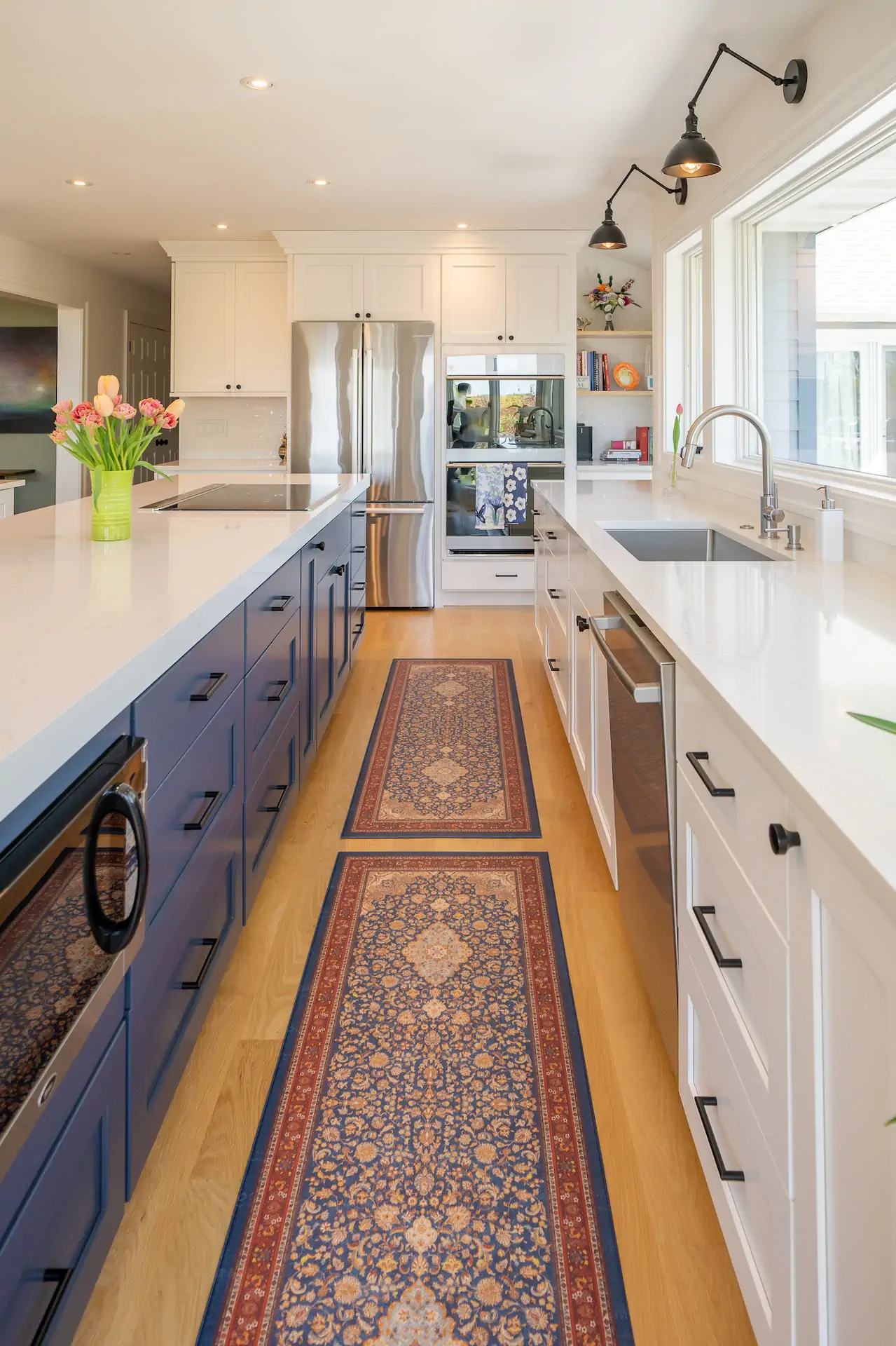 Remodeled kitchen with blue island
