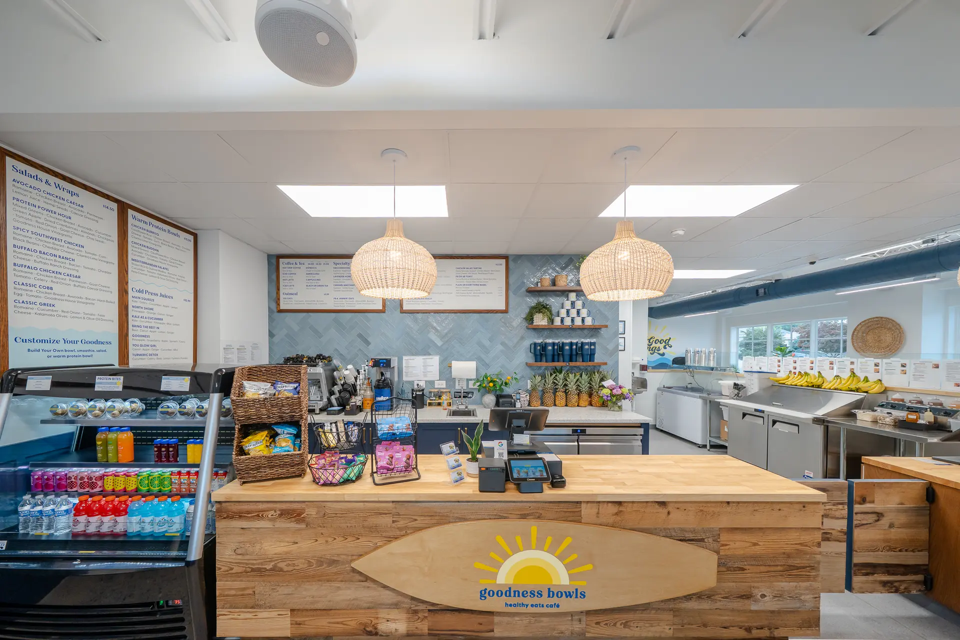 Goodness Bowls order counter, menu boards, and open kitchen build-out