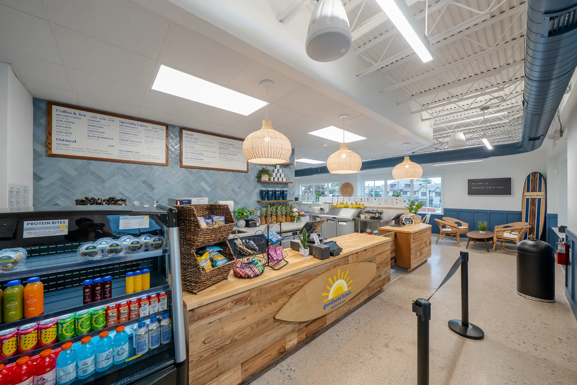 Goodness Bowls front counter and specialty menu boards with lounge seating
