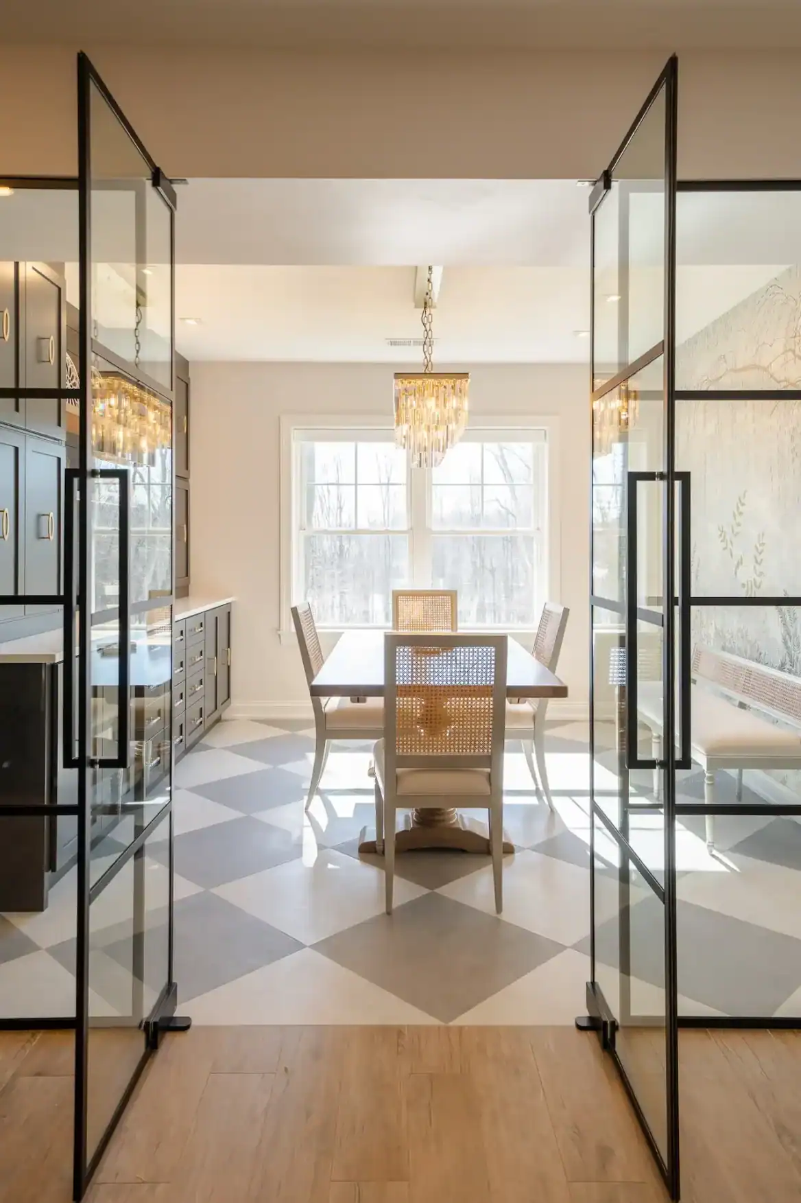 Home office with glass doors