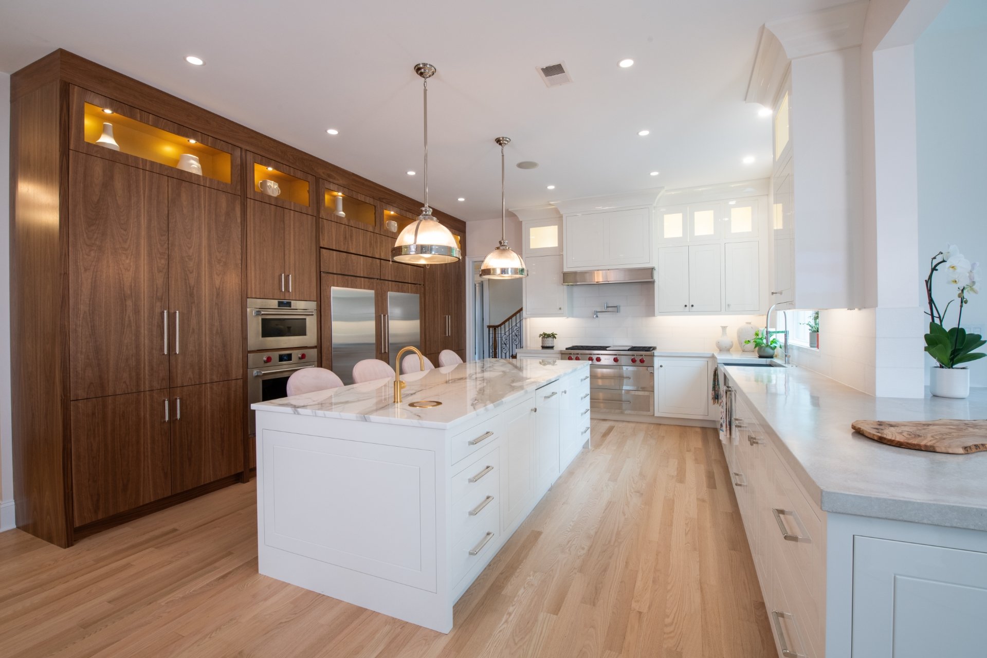 Renovated West Chester PA kitchen with walnut cabinets with lit nooks