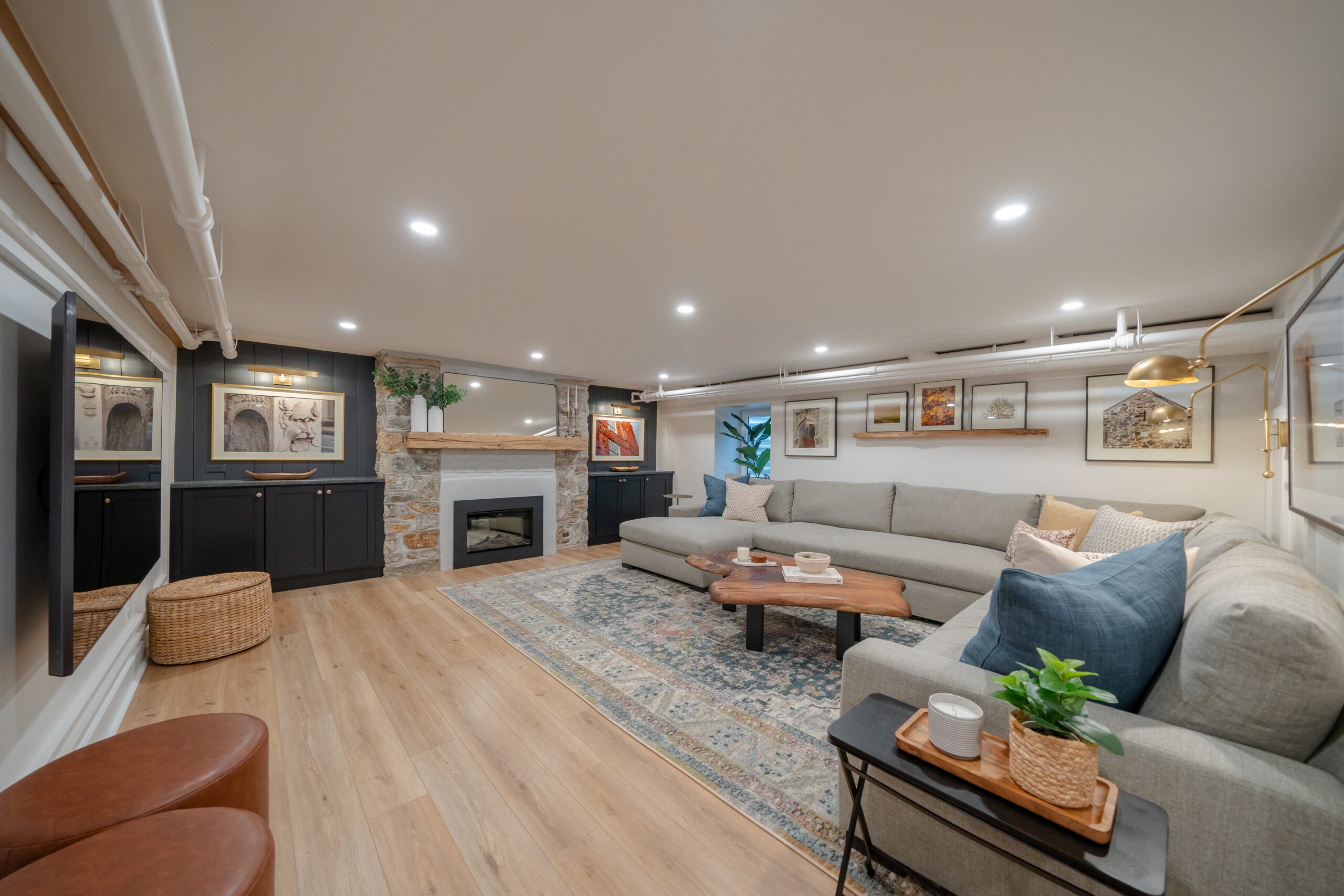 Finished basement after remodel in Tudor home in Wallingford PA