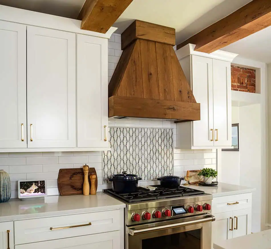 Range hood wrapped in wood