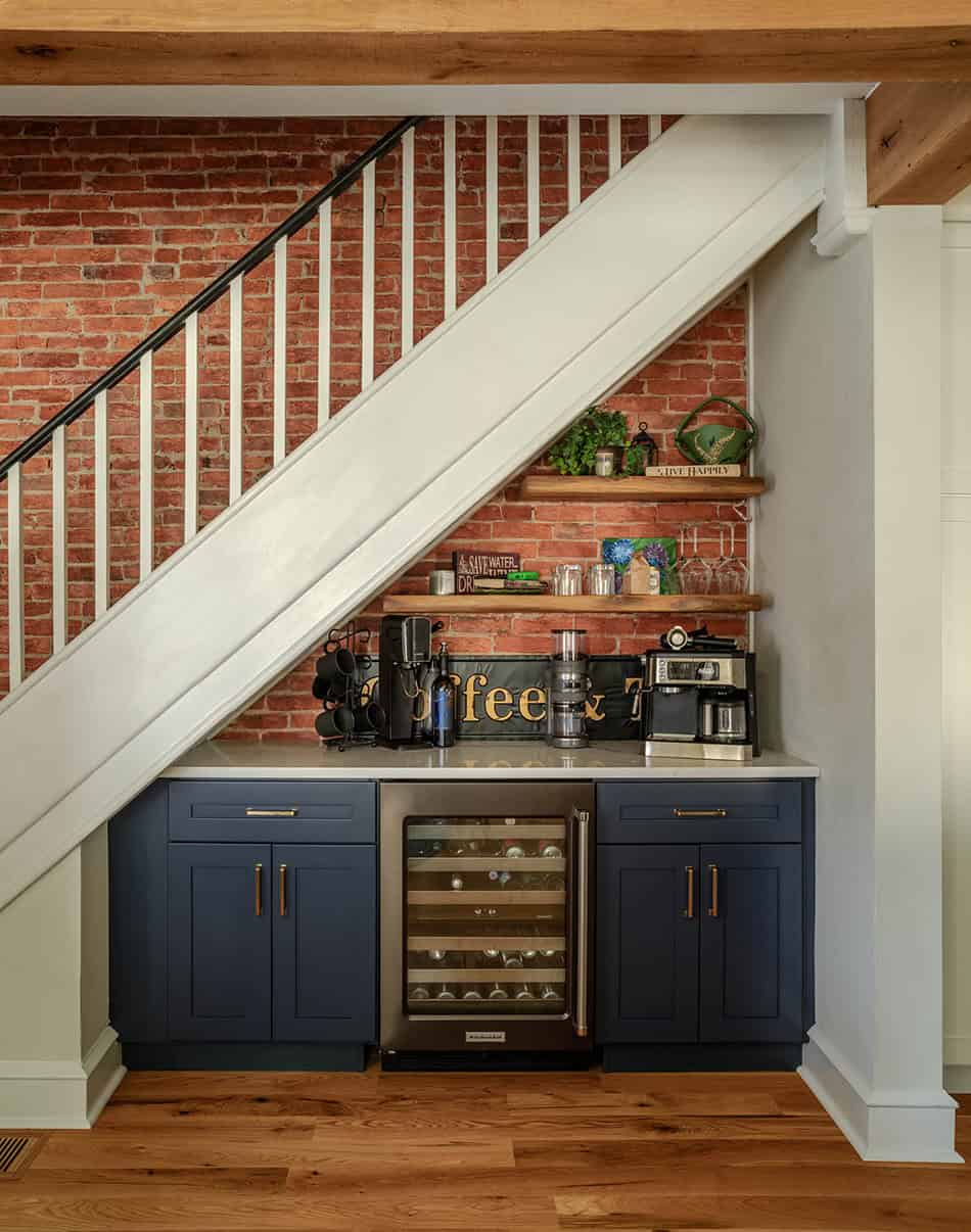 Coffee bar tucked under stairs